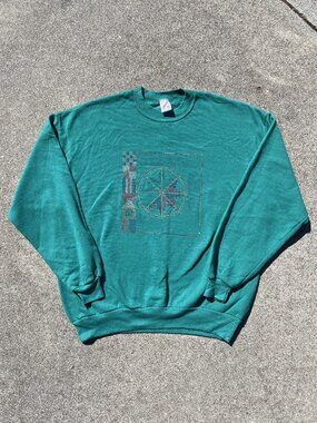 Vintage 90s Jerzees Teal Puffy Paint Crewneck Sweatshirt XL Southwest Geometric